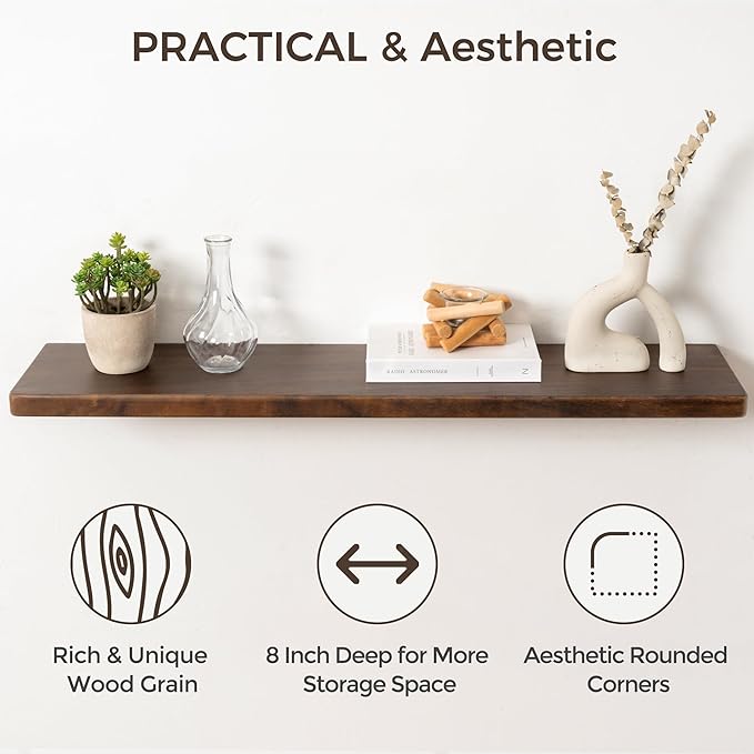 24" Rustic Walnut Wood Floating Shelves, 8 Inch Deep Wall Shelves for Home Decor, Wall Mounted Floating Shelf with Invisible Bracket, Heavy-Duty Storagefor Living Room, Bedroom, Kitchen, Set of 2