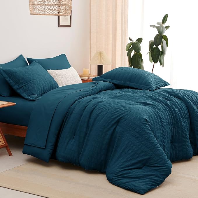 CozyLux Queen Comforter Set Lyons Blue, 7 Pieces Seersucker Textured Luxury Bed in a Bag Queen, All Seasons Soft Bedding Sets with Down Alternative Comforter, Sheets, Pillowcases & Shams, Home Gift