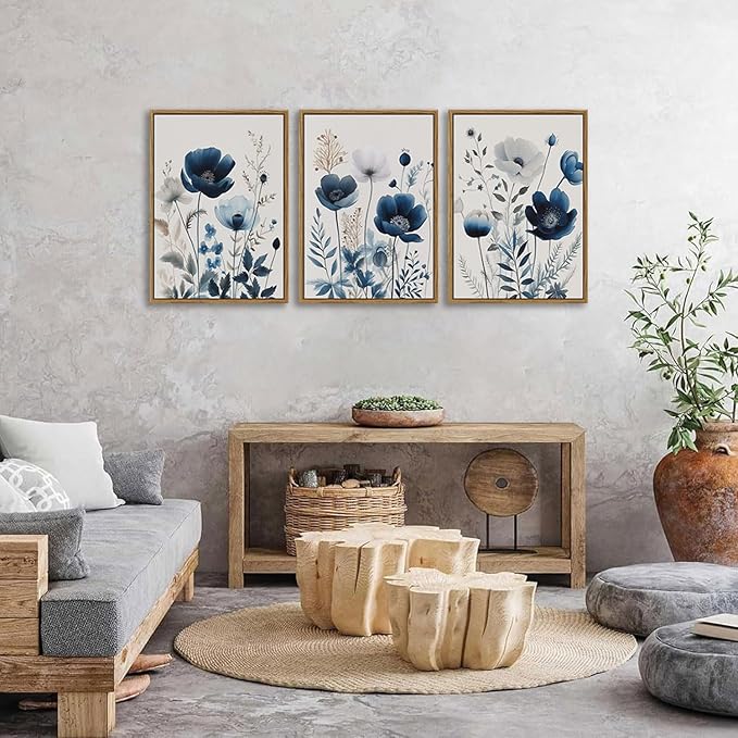 BingruiArt Navy Blue Wall Art Canvas Abstract Floral Painting Blue and Gray Posters Watercolor Flower Decor Wildflower Pictures Botanical Prints for Living Room Bedroom Bathroom 3 Pcs 16"x24" Natural Framed