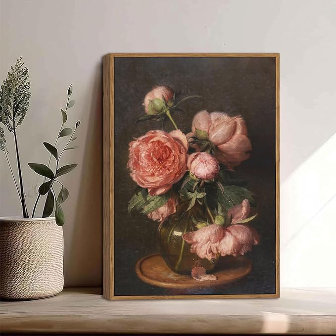 WALLZK Vintage Framed Wall Art Peony Wall Decor Pink Floral Canvas Prints Cottagecore Decor Rustic Farmhouse Pictures Artwork for Walls Living Room Bedroom Bathroom 12"x16"