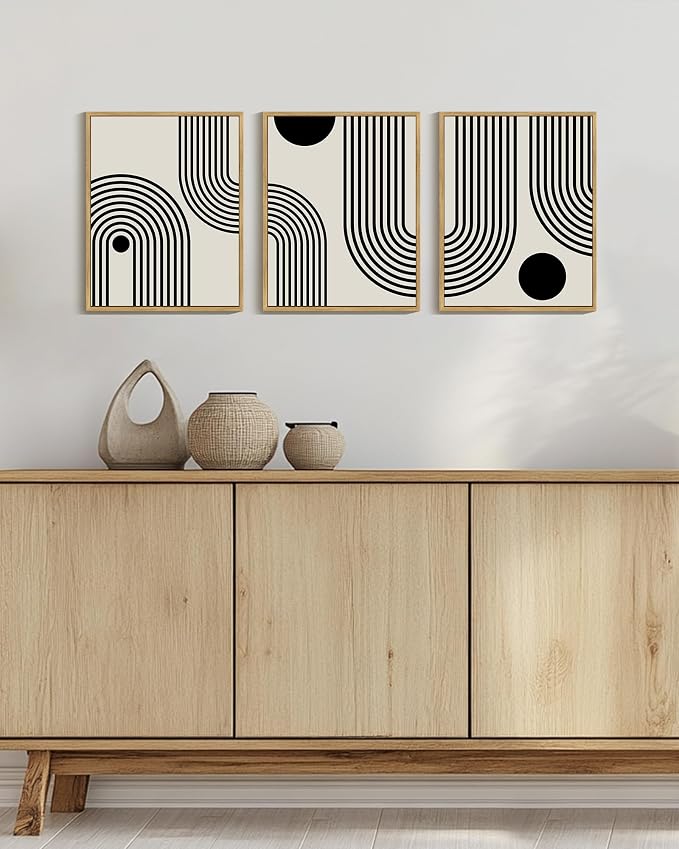 Drsoum Black Abstract Wall Art Framed Minimalist Bohemian Wall Decor Geometric Lines Artwork Hallway Bedroom Prints Ready to Hang 11x14in Natural Framed