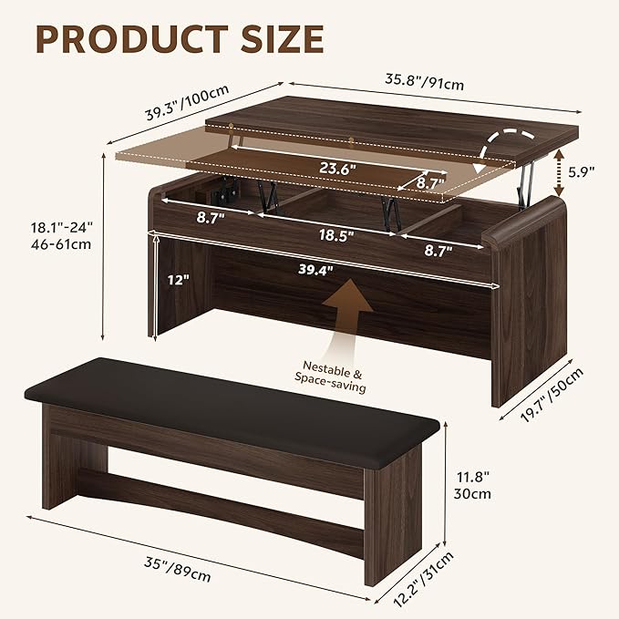 Coffee Table Lift Top, 40'' Multi-Function Coffee Table Set with Bench & Hidden Compartment, Center Table w/Curved Corner, Converts to Home Office Table, Dining Table for Living Room, Walnut