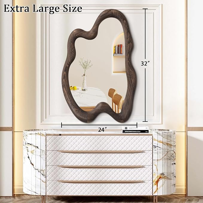AAZZKANG Large Wall Mirror with Wooden Frame,Vintage Irregular Wall Mirror 32"x24" Asymmetrical Hanging Mirror for Bathroom Bedroom Living Room Entryway