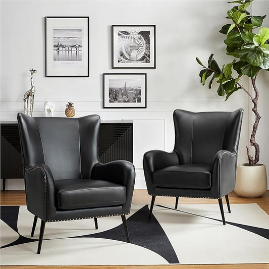 HULALA HOME Faux Leather Accent Chair Set of 2 with Removable Cushion, Comfy Upholstered Armchair with Metal Legs & Nailhead Trim Wingback Vanity Chair for Reading Living Room Bedroom, Black