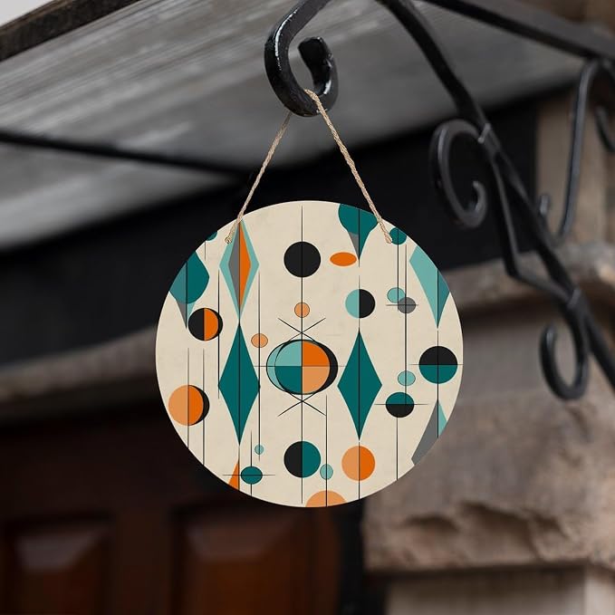MUSM Mid Century Geometric Wall Art Decor Round Wooden Wall Decor Hanging Decorative Wood Plaque with Ropes Vintage Hanging Sign Hanging Plaque for Indoor Outdoor Wall Artwork
