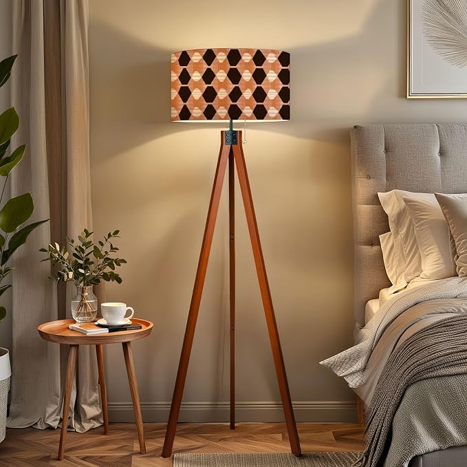 Wood Tripod Floor Lamp Retro seamless pastel brown white elongated diamonds mid century Mid Century Standing Lamp Linen Shade Dimmable Modern Tall lamp Home Decor for Living Room Bedroom Office