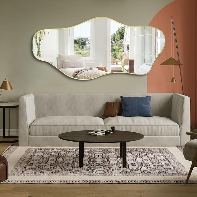 Large Irregular Frameless Mirror, 63"x30" Asymmetrical Full Length Mirror for Dressing, Gold Modern Abstract Tempered Glass Mirrors for Living Room Bathroom Bedroom Hallway Entryway