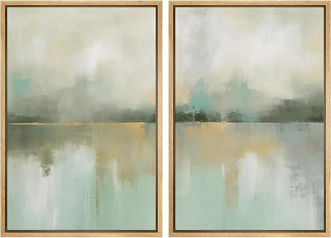 IDEA4WALL Framed Canvas Print Wall Art Set Golden Mist Lake Abstract Water Landscape Illustrations Modern Art Decorative Coastal Cottage Seascape for Bedroom - 24"x36"x2 Natural