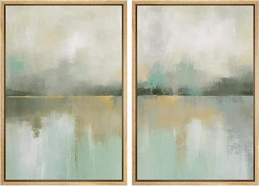 IDEA4WALL Framed Canvas Print Wall Art Set Golden Mist Lake Abstract Water Landscape Illustrations Modern Art Decorative Coastal Cottage Seascape for Bedroom - 24"x36"x2 Natural