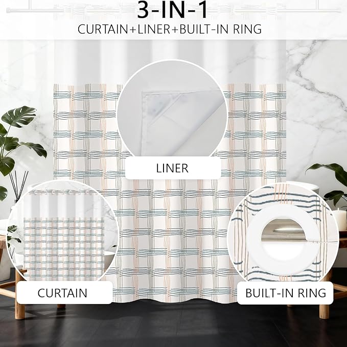 No Hook Shower Curtain with Snap in Fabric Liner - Beige & Teal Grid Pattern, Waterproof Shower Curtains and Liner Set for Modern Bathroom, See Through Top Window, 71x74 Inches