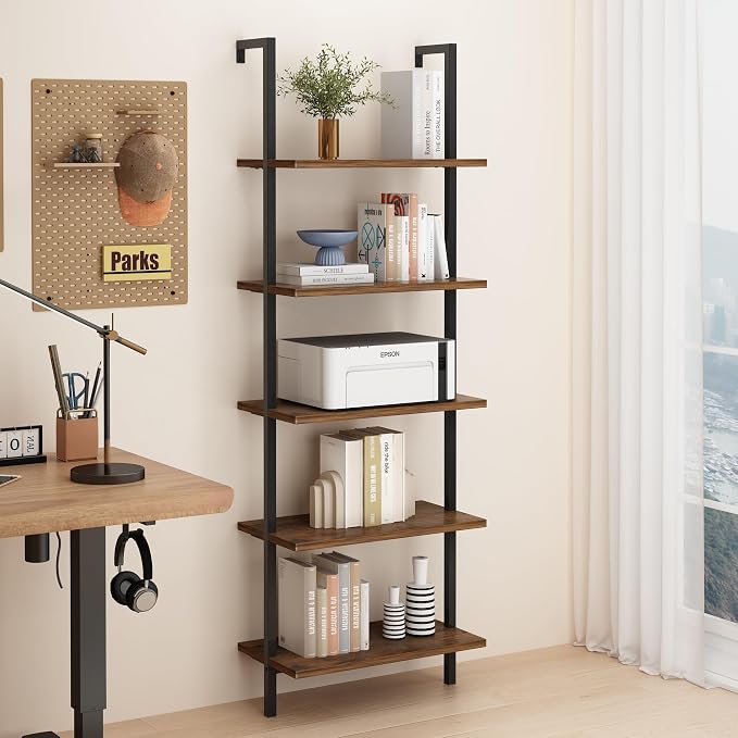 Karl home Ladder Shelf 5 Tier Wall Mounted Bookcase with Metal Frame,Open Design Shelves for Living Room,Bedroom,Home,Office,Rustic Brown (23.6" L x 11.8" W x 70.9" H)