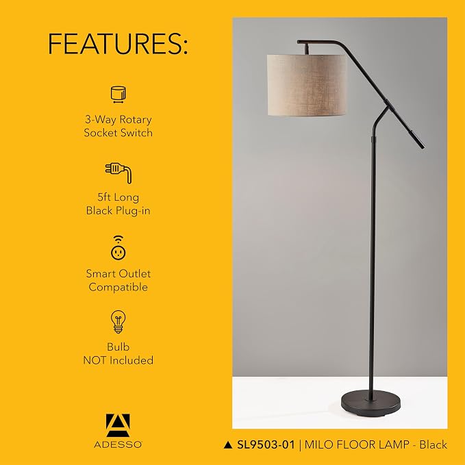 Adesso Black Lamp with Light Brown Shade – Adjustable Arm, 3-Way Switch, Accent Lighting for Bedroom, Living Room, or Home Office, 60” Tall