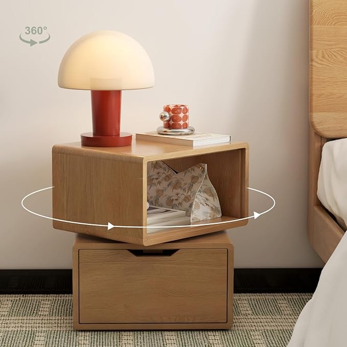 360° Rotatable Oak Nightstand with Drawer, Mid Century Modern Nightstands, Solid Wood Night Stand with Open Shelf, Small Oak Bedside Tables for Small Spaces, Bedroom(Natural, 18.43" H)