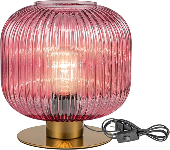 Small Bedside Table Lamp, Pink Bedside Lamp Globe Table Lamps with Striped Glass Shade, Modern Bedroom Nightstand Lamp Living Room Side Table Lamp Decorative Table Lamps for Girls Women