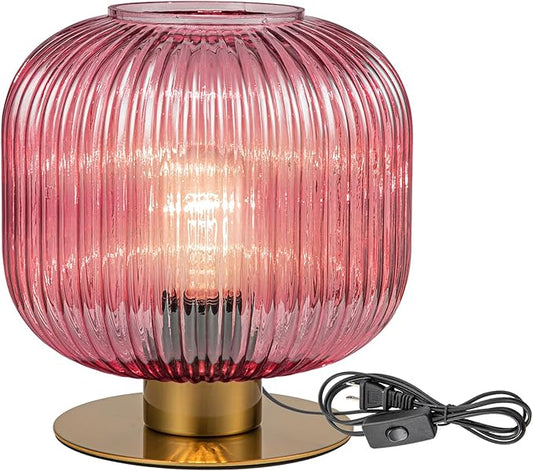 Small Bedside Table Lamp, Pink Bedside Lamp Globe Table Lamps with Striped Glass Shade, Modern Bedroom Nightstand Lamp Living Room Side Table Lamp Decorative Table Lamps for Girls Women
