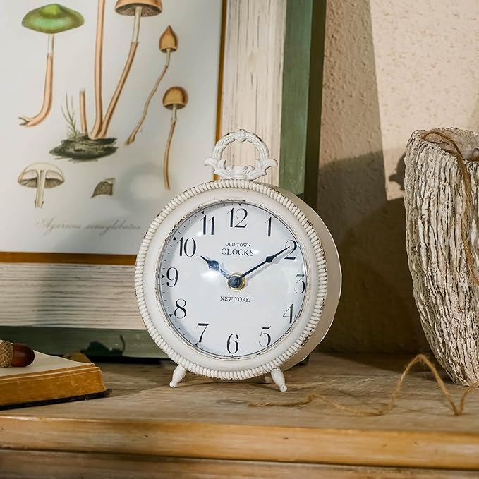 NIKKY HOME Table Clock, Vintage Desk Clock, Antique White Finish Table Clocks, Non-Ticking Battery Operated Decorative Shelf Clock for Living Room Bedroom Gift Clocks
