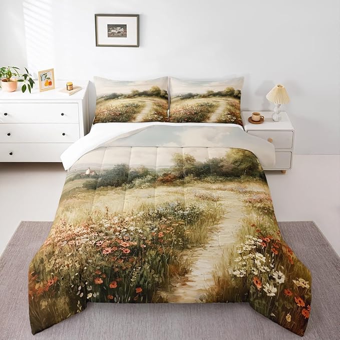 Erosebridal Rustic Wildflowers Comforter Set Twin Vintage Country Road Bedding Set Classical Flowers Landscape Comforter for Kids Boys Girls Farmhouse Nature Botanical Floral Quilt Duvet