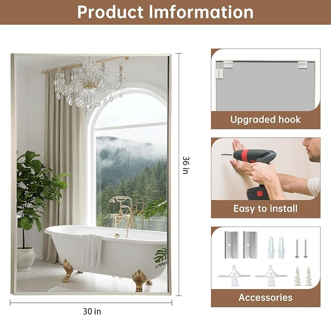 Brushed Nickel Bathroom Mirror, 30"x36" Rectangle Mirror, Brushed Mirror, Metal Frame Square Corner Vanity Mirror, Wall Mounted Mirror for Modern, Living Room, Bedroom, Horizontal Or Vertical