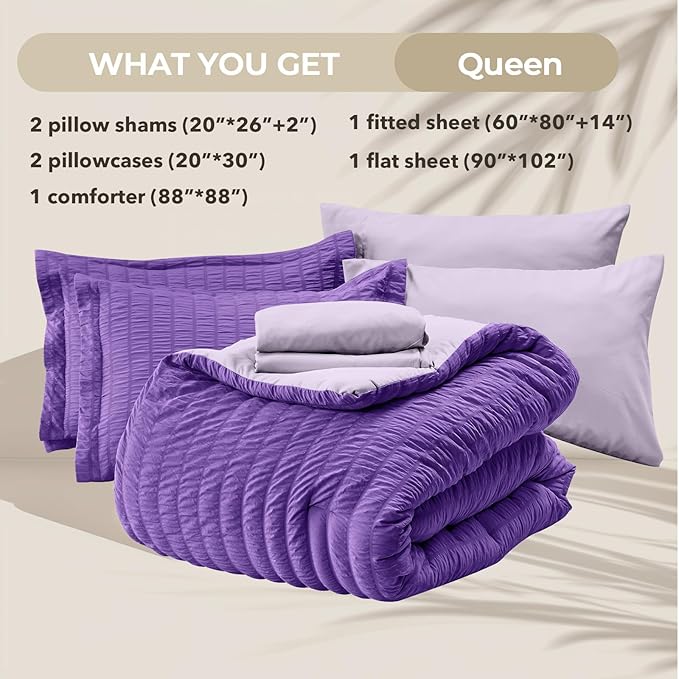 HYMOKEGE Dark Purple/Lavender Queen Comforter Set Seersucker 7 Pieces, All Season Luxury Bed in a Bag Queen for Bedroom, Bedding Set with Comforter, Sheets, Pillowcases & Shams
