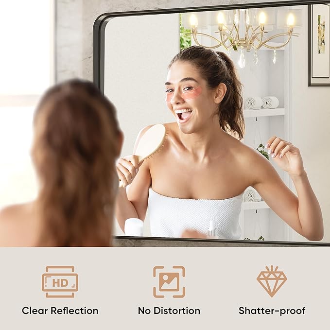 Sweetcrispy 30x40 Inch Black Bathroom Mirrors, Bathroom Mirrors for Over Sink, Rectangle Wall Decor for Entryway, Bedroom, Vanity,Anti-Rust, Horizontal or Vertical Hanging, Black