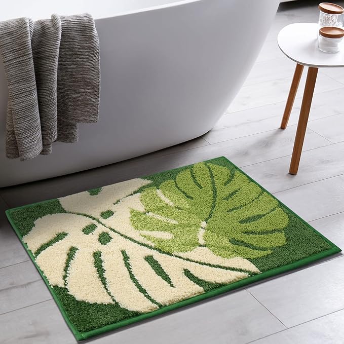 Hi Space Bathroom Rugs 24x16IN Blue Leaves Bath Mat for Bathroom Non Slip Machine Washable Soft Microfiber Absorbent Cute Bath Rug Plush for Tub Shower Sink Fluffy Home Decor Accessories