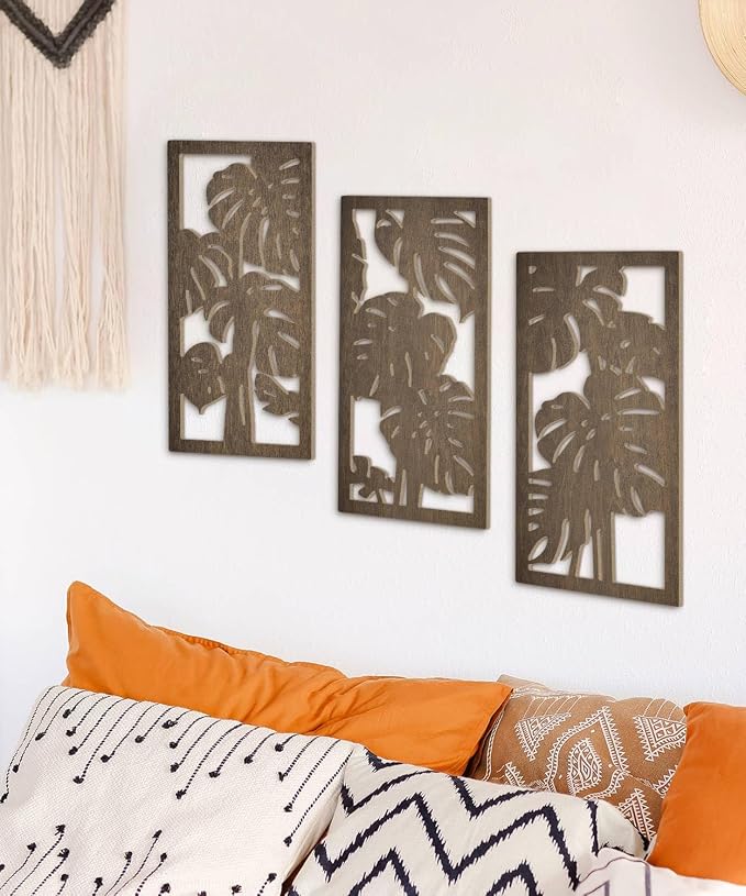 Putuo Decor 3-Piece Tropical Leaf Wood Wall Art Set, Palm Leaf Wall Hanging Decor for Bedroom Living Room Bathroom Balcony Decor