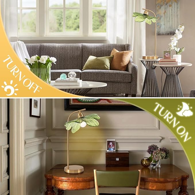 Mid Century Modern Table Lamps Set of 2, 18.9" Tall Gold Metal Base with Green Flower Glass Shade, Touch Control Nightstand Lamps for Bedroom Living Room Office