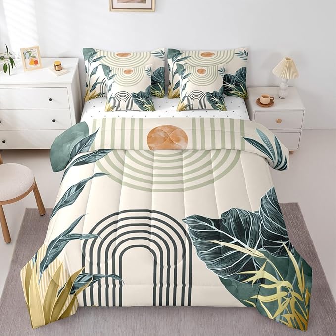Erosebridal Mid Century Modern Full Comforter Set with Sheets 7 Piece Boho Tropical Leaves Palm Leaf Bed in A Bag Retro Geometric Line Art Bedding Sets Abstract Sun Aesthetic Arch Curve Bed Set