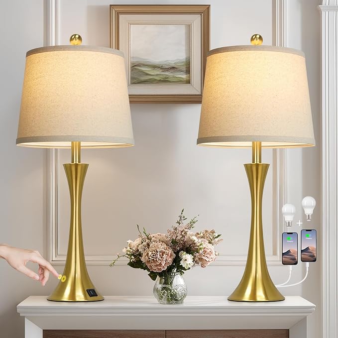 Rinweey 27.5" Gold Lamps Set of 2, Touch Control 3-Way Dimmable Bedside Nightstand Lamps Bedroom Lamp,Modern Gold Table Lamp with USB A+C Ports,Tall Lamps for Living Room End Table Home Office