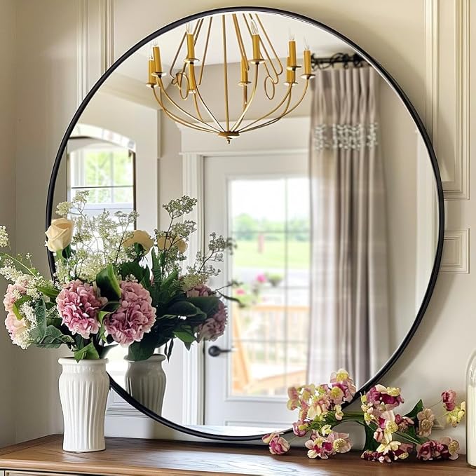 Black Round Mirror 18 inch, Black Circle Mirror, Round Wall Mirrors for Bathroom, Living Room, Hallway, Vanity, Over Sink, Mantel