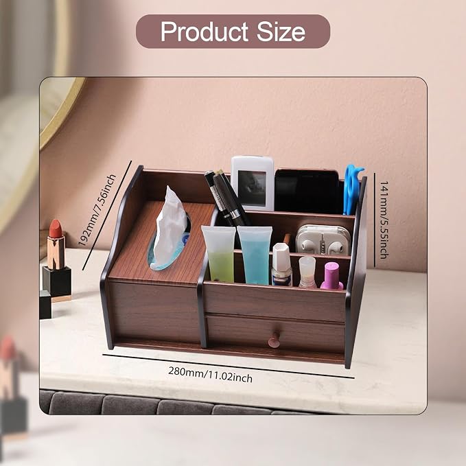 Fenteer Wood Desk Organiser with Drawer, Desk Tidy Container Case Vintage Design Tissue Box Cover Pen Holder for Living Room Counter