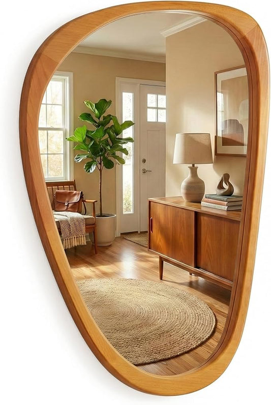 Irregular Asymmetrical Wall Mirror 36"×24" with Solid Wood Frame, Organic Mid-Century Modern Decorative Wall Mirror for Living Room, Entryway & Bedroom