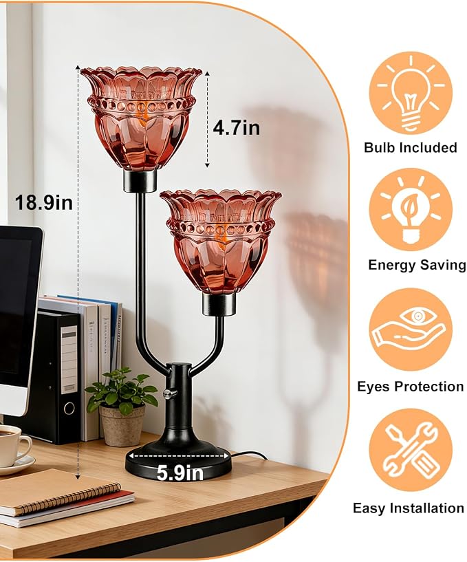 Lightdot Vintage Table Lamp Dimmable Mid Century Modern Black Desk Lamp Red Glass Nightstand Lamp 2 Bulbs Included Warmwhite Ambient Bedside Lamps for Living Room Bedroom Girls Room Home Office Decor
