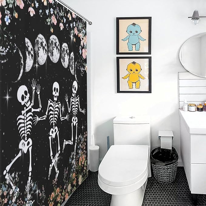 Skull Skeleton Flower Moon Shower Curtain Gothic Moon Phase Scary Horror Black Spooky Flower Holiday Waterproof Shower Curtains for Bathroom Decor 12 Pack Hooks 66x72in（168x183cm）