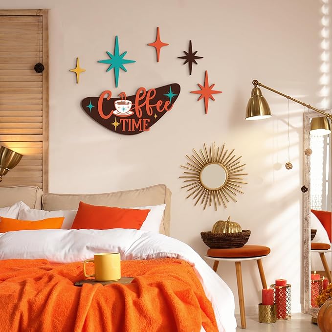 Amyhill 6 Pcs Mid Century Modern Decor Coffee Time Mcm Decor Retro Atomic Star Wall Art Sculpture, Wooden Colorful Star Wall Art Elegance Accents for Home Bar Office Room Hanging Decorations