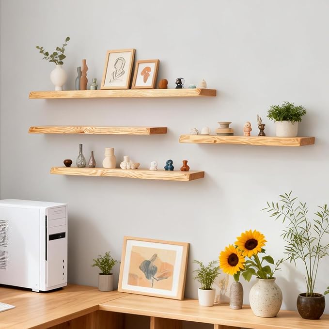 24 Inch Wooden Floating Shelves for Wall Set of 2, Finnish Spruce Solid Wood Shelf, Natural Wood Floating Shelves for Living Room, Bathroom, Bedroom, Kitchen, Natural Finish