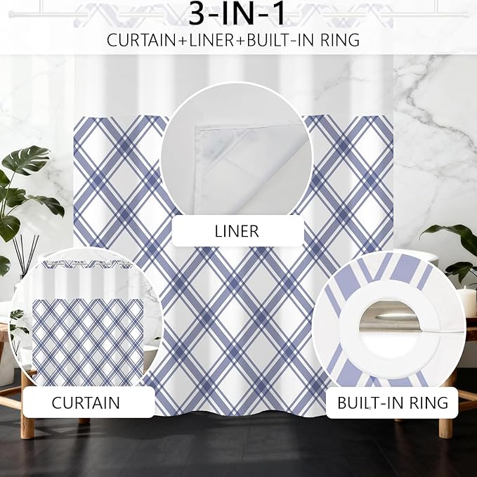 No Hook Plaid Shower Curtain with Snap in Liner - Purple & White Checkered Design, Waterproof Fabric Hotel Shower Curtains for Bathroom with See Through Mesh Top Window, 71x74 Inch