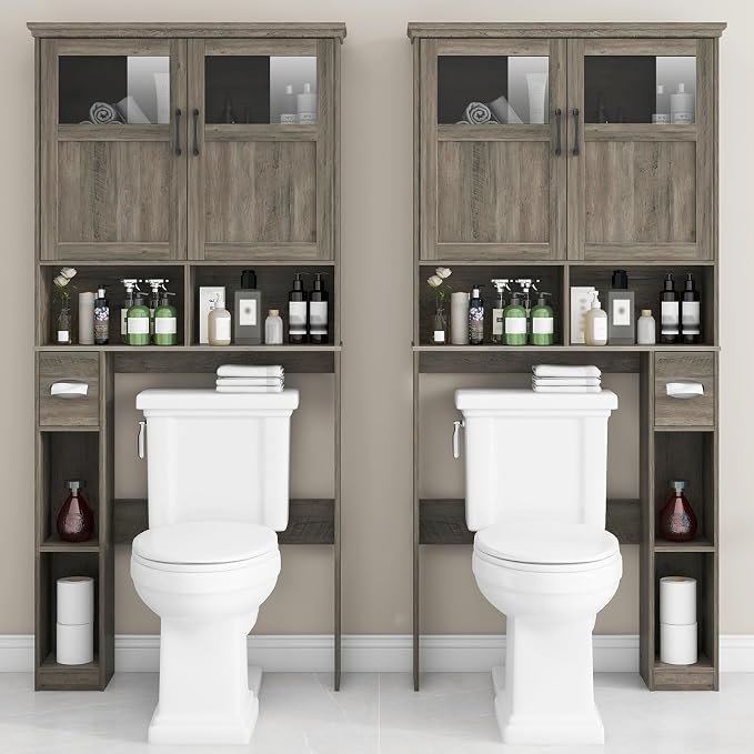 Vabches Over-The-Toilet Storage Cabinet with Double Doors, Toilet Paper Holder Stand & Adjustable Shelf, Freestanding Space Saver, Grey