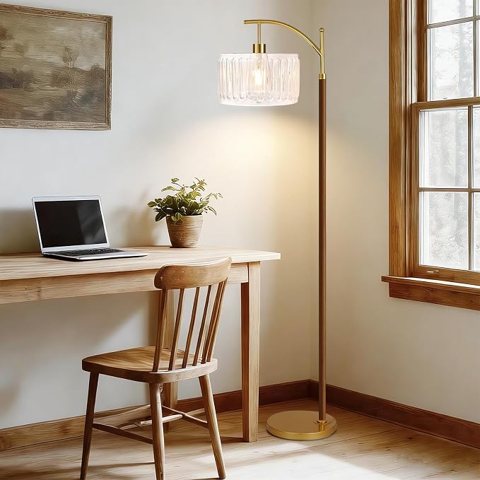 ILLMTW Arc Floor Lamp for Living Room,Bedroom,Glass Mid Century Modern Standing Lamp with Remote Dimmable,Wood Vintage Gold Tall Lamp White Lamp Shade Floor Lights Boho Bohemian Tiffany Style
