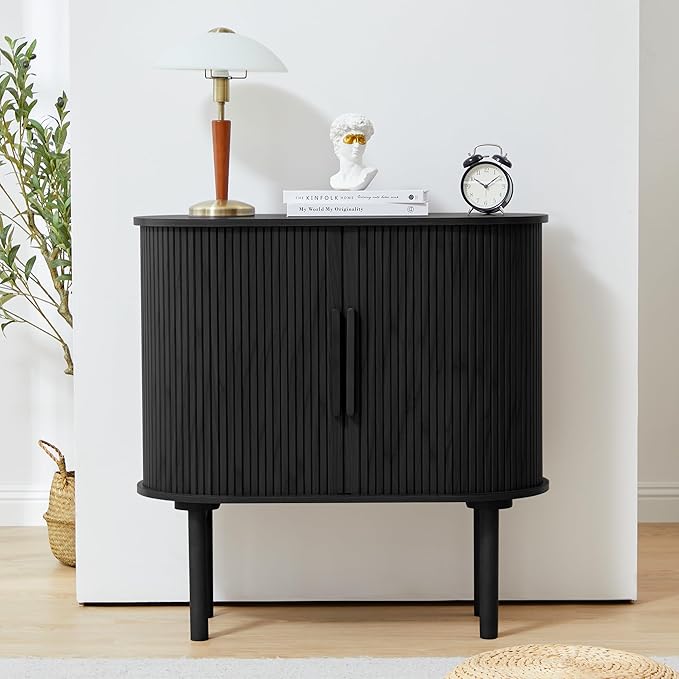 31'' Fluted Sideboard Buffer Cabinet, Modern Credenza Storage Cabinet with Slide Doors, Bar Cabinet Console Table for Living Dining Room Kitchen Hallway Entryway, Black