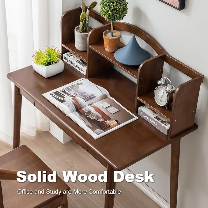 Solid Wood Desk with Drawers, Wooden Computer Desk for Home Office, Gaming Study Desk for Small Spaces, Writing Work Desk for Bedroom,Easy Assembly (Walnut Color 40 inch)