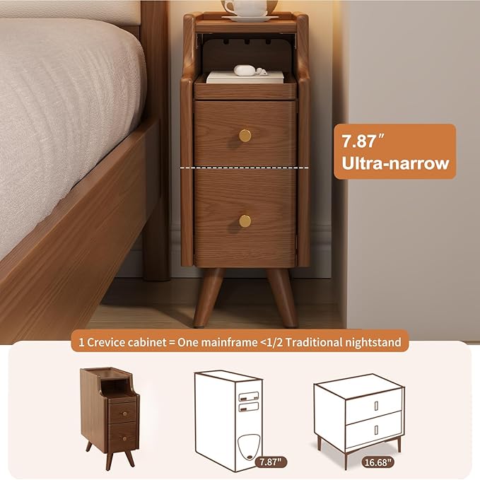 AQIMUELE Narrow Nightstand with Drawers, Wood Bedside Table, Small Walnut Nightstand Set of 2