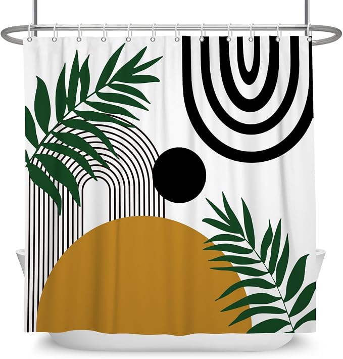 Boho Mid Century Shower Curtain Bohemian Abstract Modern Sun Bathroom Curtain Geometric Arch Curve Leaves Polyester Shower Curtain Sets for Bathroom Extra Long 60x72 in with 10 Hooks