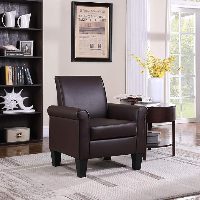 Pu Leather Accent Chair Set of 2, Overstuffed Mid Century Modern Living Room Chairs Upholstered Comfortable Reading Chair Fake Leather Armchair for Bedroom, Office -Brown