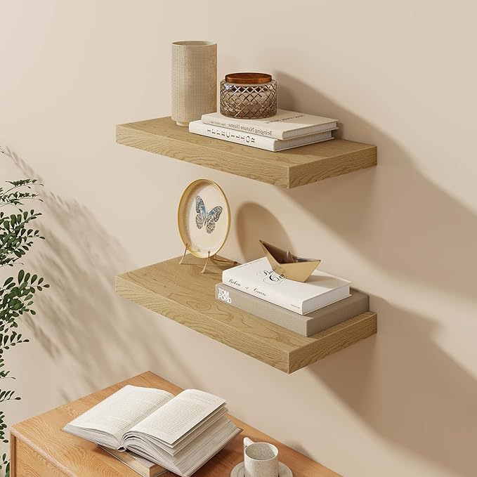 24"W x 9.3"D Floating Shelves for Wall, Wall Mounted Bathroom Shelves 2 Pack Deep Floating Shelf for Bedroom Kitchen Living Room, Rustic Wooden Wall Shelf with Invisible Bracket for Books Decor
