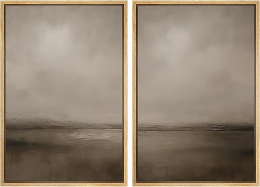 MUDECOR Framed Canvas Print Wall Art Abstract Brown and Taupe Modern Minimalist Misty Landscape Illustrations Modern Art Decorative Bohemian for Living Room, Bedroom, Office - 16"x24"x2 Natural