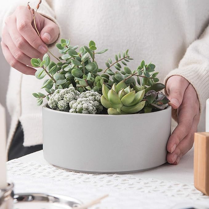 MINGZHE Ceramic Outdoor Planters,Flower Pot with Wooden Stand Indoor Display Rack Succulents Pots Round Planters for Indoor Plants(#3)