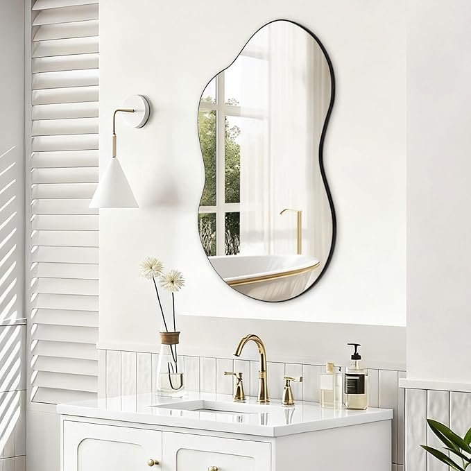 32"x20" Frameless Asymmetrical Irregular Bathroom Mirror, Wavy Vanity Wall Mirror for Modern Bathroom, Bedroom, Entryway, Living Room Decor