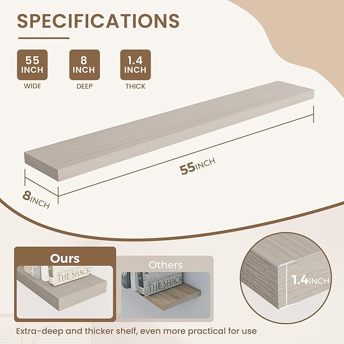 Dreamland 55 Inches Floating Shelves for Wall, 8" Deep Long Floating Shelves Set of 1, Large Display & Storage Shelf, Wall Shelf for Bathroom Bedroom Living Room Kitchen Office, Grey