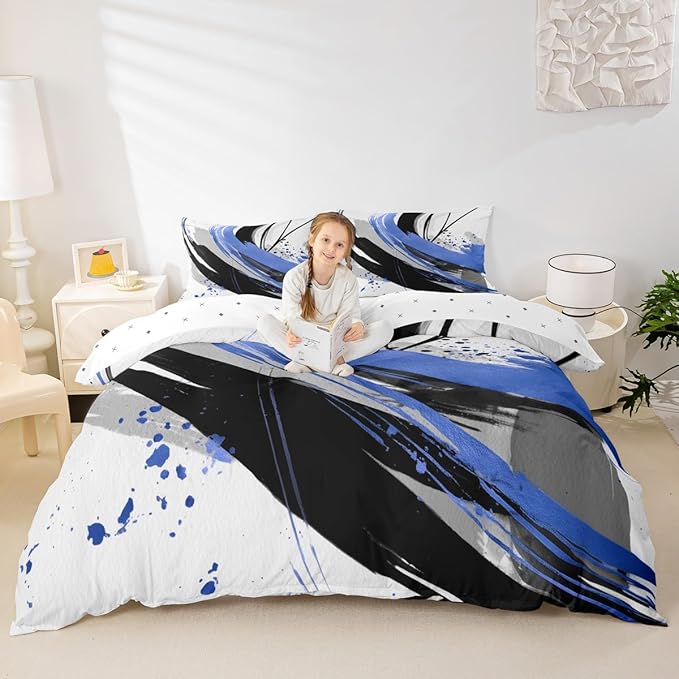 Erosebridal Black and Blue Kids Bedding | Modern Geometric Striped Duvet Cover for Boys Girls Contemporary Watercolor Graffiti Bed Set Boho Minimalist Aesthetic Art Bed Cover King 3 Pieces